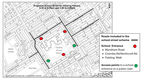 A map of the Fielding Primary area, marking the school entrances and showing the roads managed by the scheme.